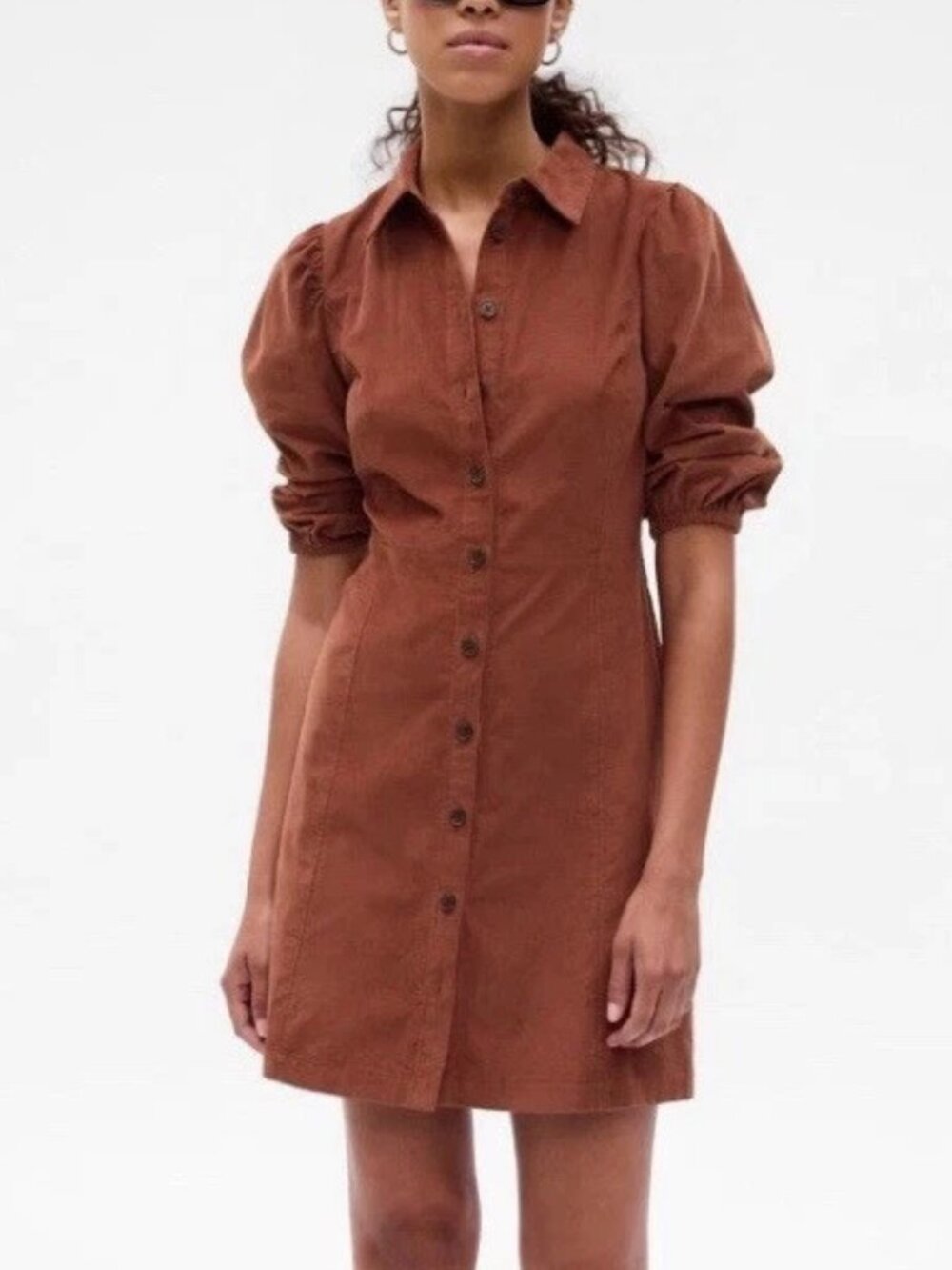 GAP Women's Corduroy Cotton Mini Dress Puff Sleeve Brown / MP